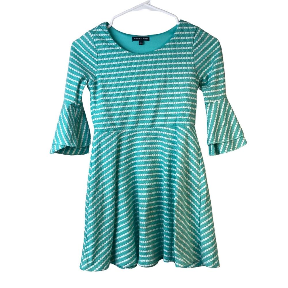 Violets & Roses Girls Green White Knit A-Line Dress 3/4 Bell Sleeves Size 8